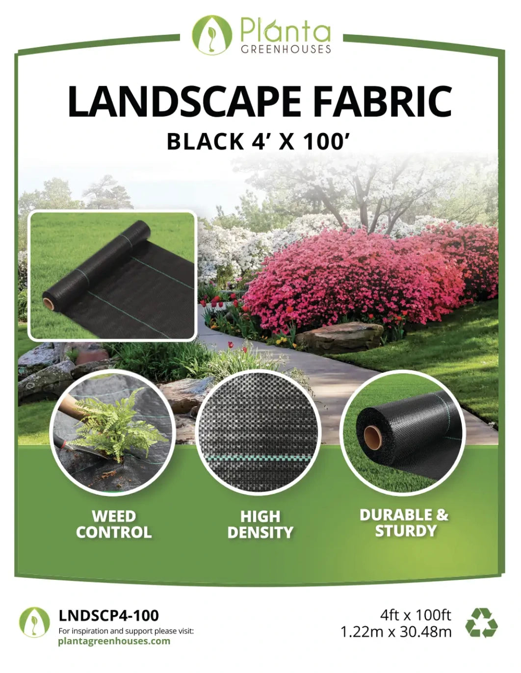 Product info for landscape fabric 4' X 100' by Planta Greenhouses with product features and usage scenarios.