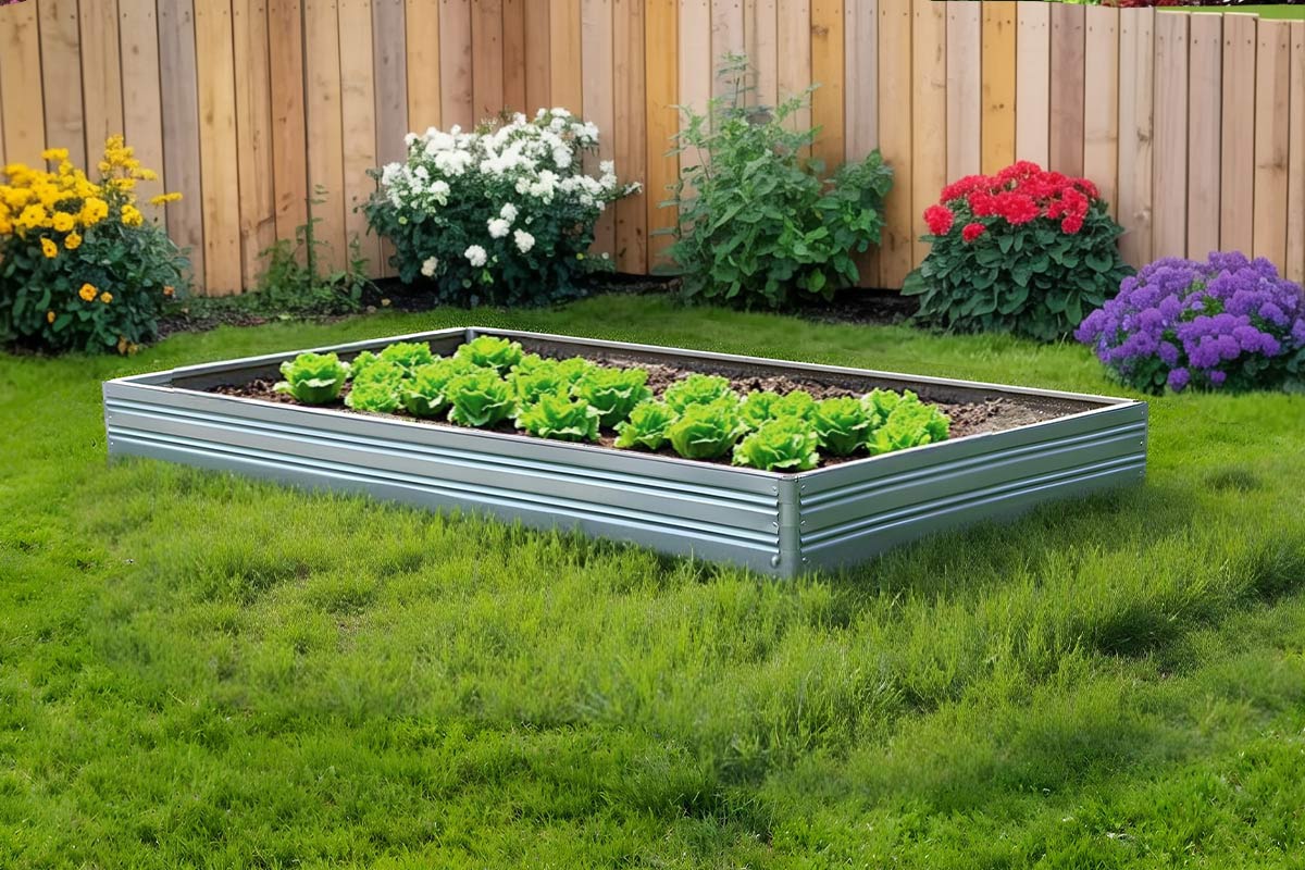 Raised Planta garden bed - 1 tier with plants in a backyard setting