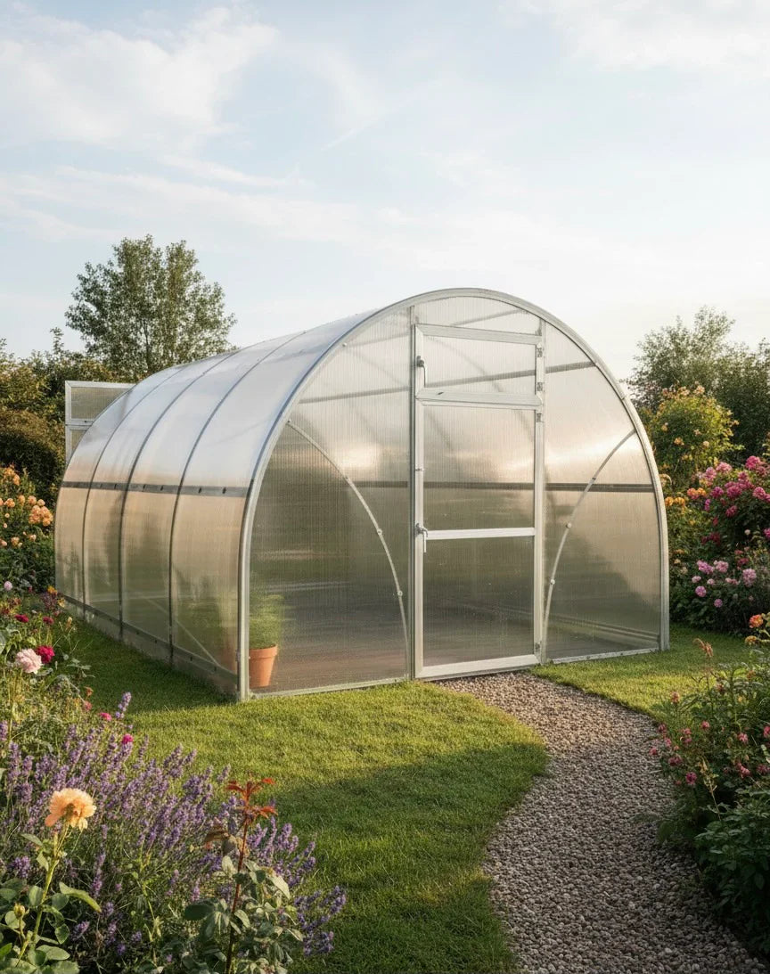 Polycarbonate  Sigma 300 (Gen III) greenhouse in a garden with flowers and a clear sky