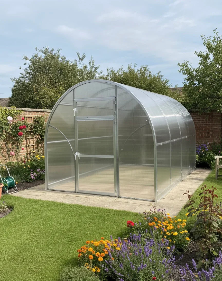 Clear polycarbonate Sigma 250 (Gen III) greenhouse in a garden with flowers and plants around