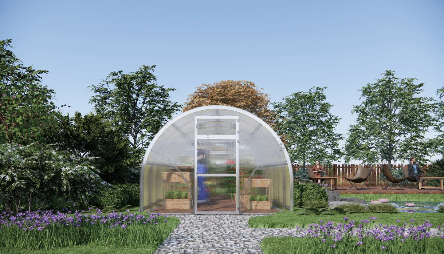 Modern  Sigma 300 (Gen III) greenhouse in a garden with trees and flowers