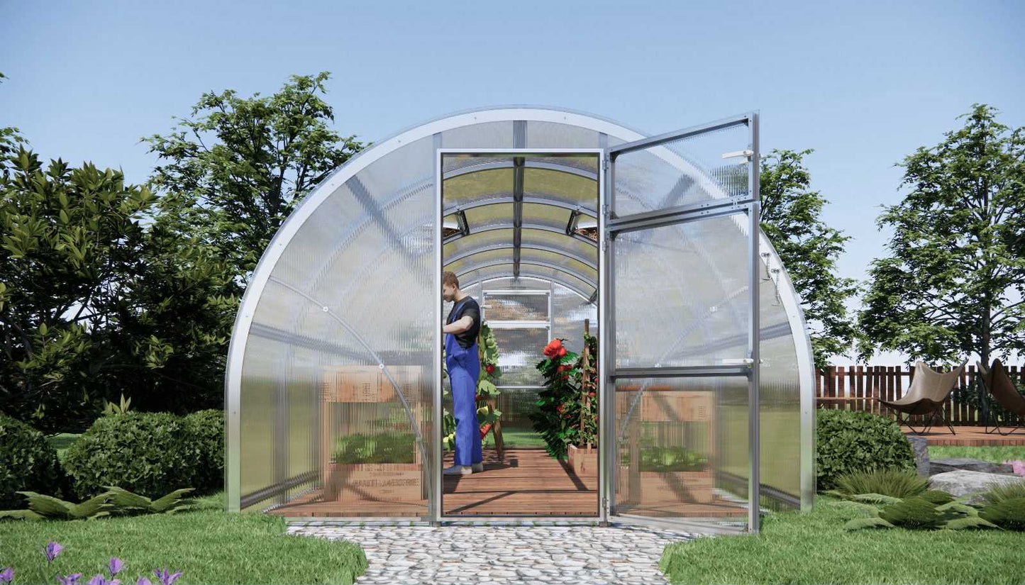 Semicircular Sigma 300 (Gen III) greenhouse with transparent walls and a person inside, set against a natural background.